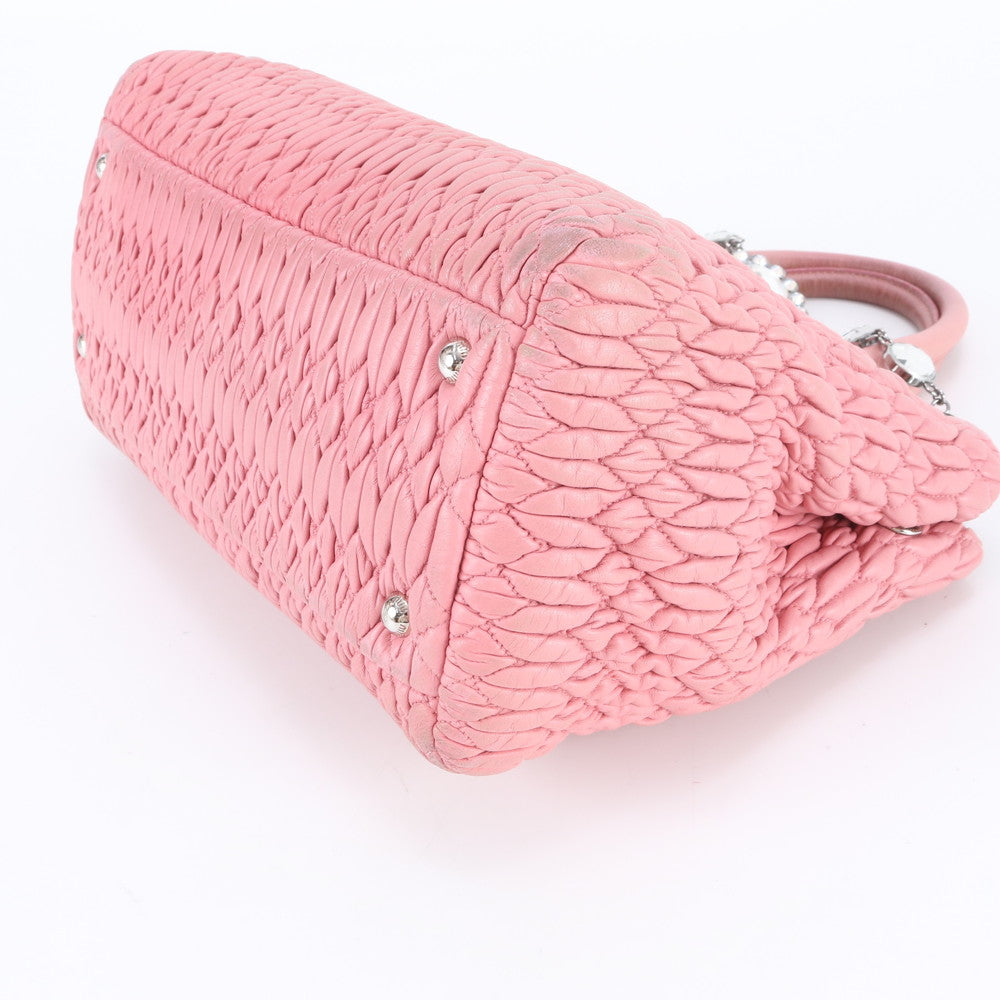 美品 ミュウミュウ マテラッセ ナッパ クリスタル レザー 2WAY ハンドバッグ トート ピンク シルバー 金具 レディース RBE DV42-8