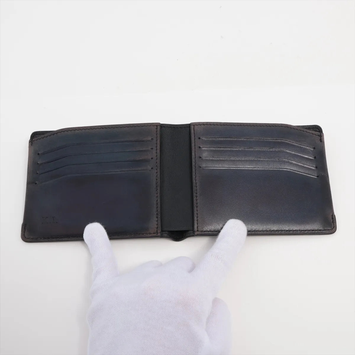 美品 ベルルッティ レザー 二つ折り 財布 コンパクト ウォレット ネイビー 紺 札入れ メンズ EEE CV50-4