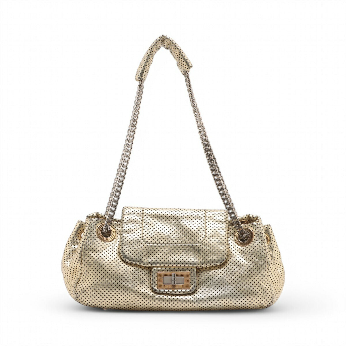 美品 シャネル シリアルシール付 2.55 パンチング レザー ショルダーバッグ 肩掛け ハンド ゴールド レディース MMM BS32-42