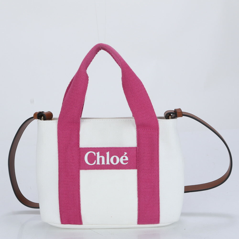 新品同様 クロエ レザー キャンバス 2WAY ショルダーバッグ 斜め掛け ハンド トート ホワイト ピンク レディース RRM CB24-7