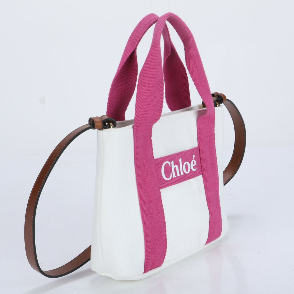 新品同様 クロエ レザー キャンバス 2WAY ショルダーバッグ 斜め掛け ハンド トート ホワイト ピンク レディース RRM CB24-7