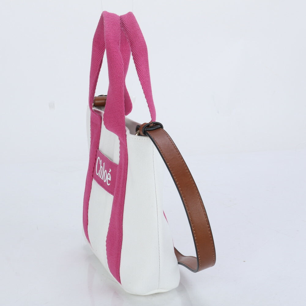 新品同様 クロエ レザー キャンバス 2WAY ショルダーバッグ 斜め掛け ハンド トート ホワイト ピンク レディース RRM CB24-7