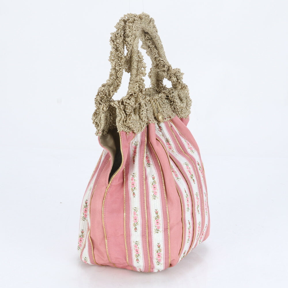 美品 ワコー フラワー 花柄 ストライプ レザー キャンバス トート バッグ 肩掛け ショルダー ハンド ピンク レディース RRE CC14-5