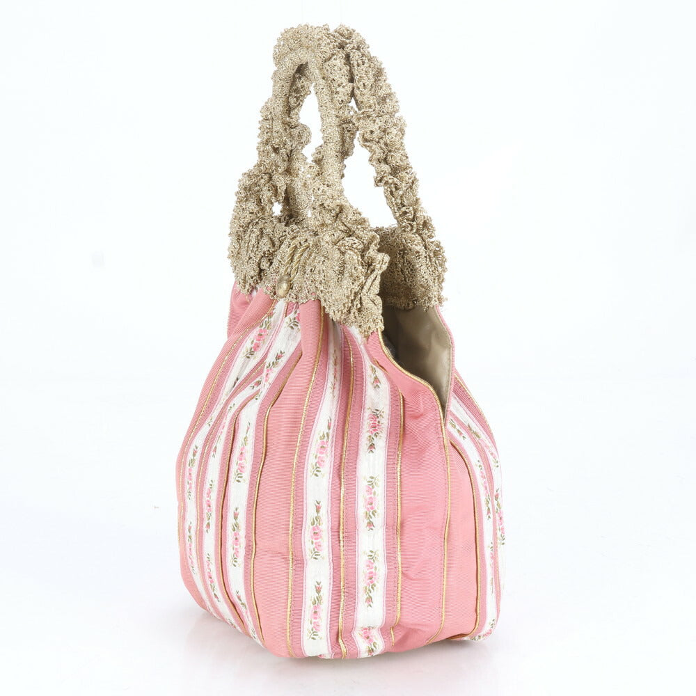 美品 ワコー フラワー 花柄 ストライプ レザー キャンバス トート バッグ 肩掛け ショルダー ハンド ピンク レディース RRE CC14-5