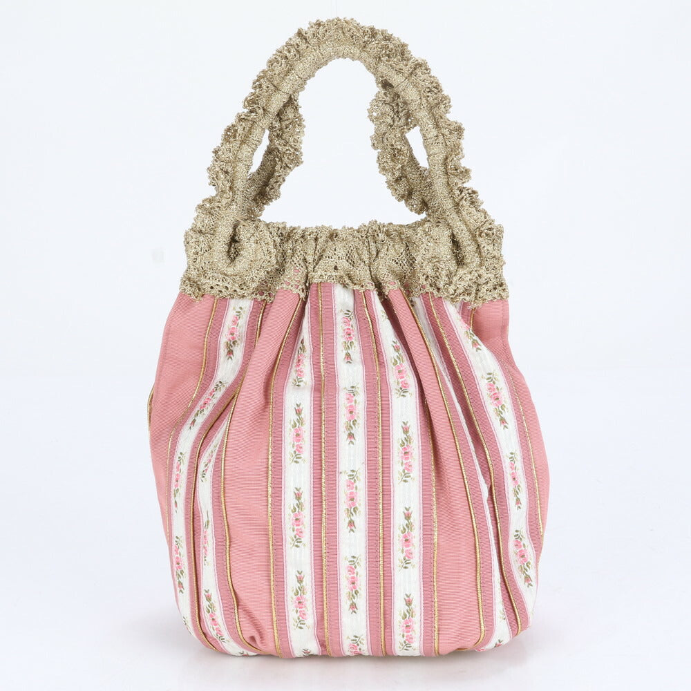 美品 ワコー フラワー 花柄 ストライプ レザー キャンバス トート バッグ 肩掛け ショルダー ハンド ピンク レディース RRE CC14-5