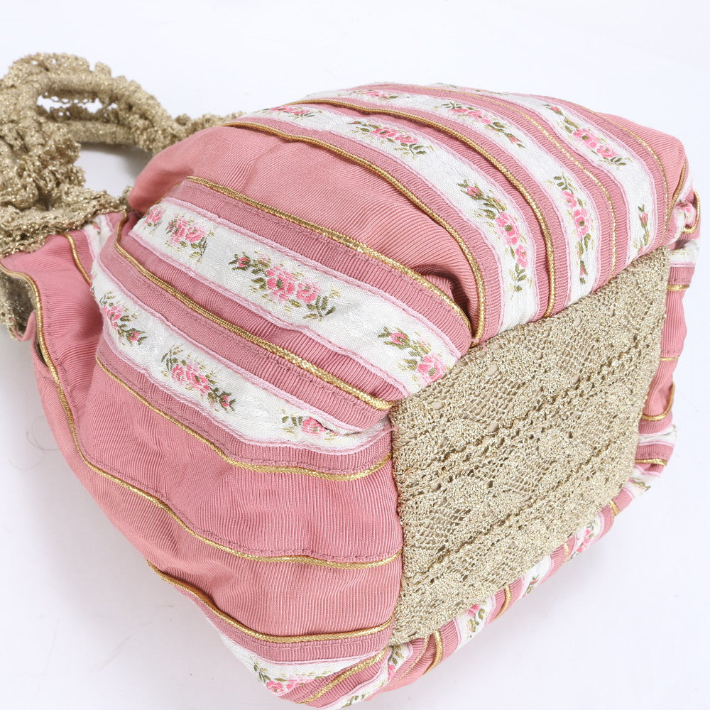 美品 ワコー フラワー 花柄 ストライプ レザー キャンバス トート バッグ 肩掛け ショルダー ハンド ピンク レディース RRE CC14-5