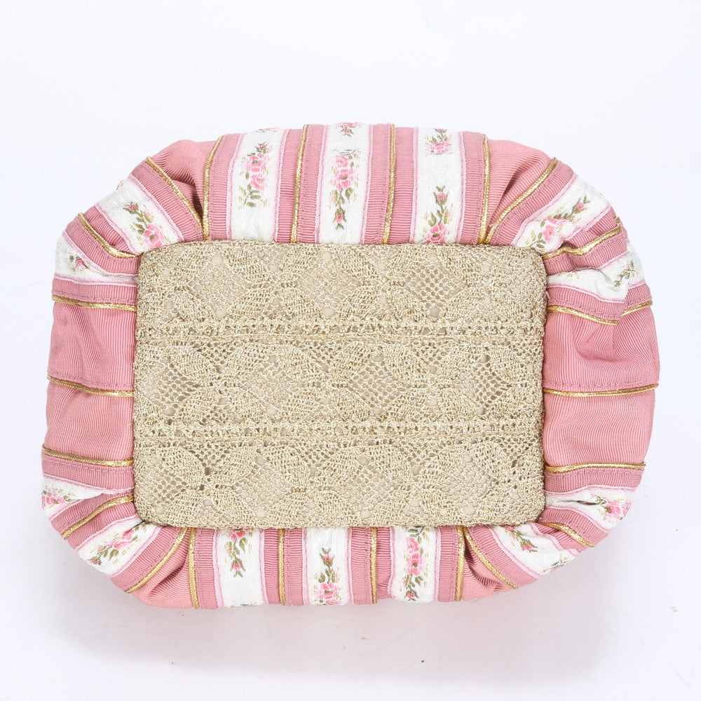 美品 ワコー フラワー 花柄 ストライプ レザー キャンバス トート バッグ 肩掛け ショルダー ハンド ピンク レディース RRE CC14-5