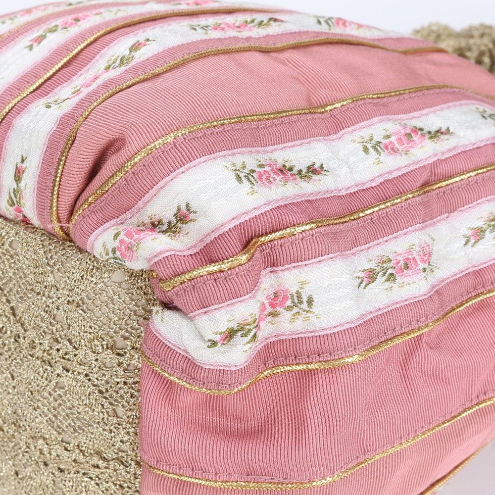 美品 ワコー フラワー 花柄 ストライプ レザー キャンバス トート バッグ 肩掛け ショルダー ハンド ピンク レディース RRE CC14-5