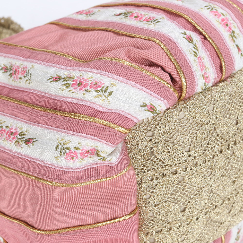 美品 ワコー フラワー 花柄 ストライプ レザー キャンバス トート バッグ 肩掛け ショルダー ハンド ピンク レディース RRE CC14-5