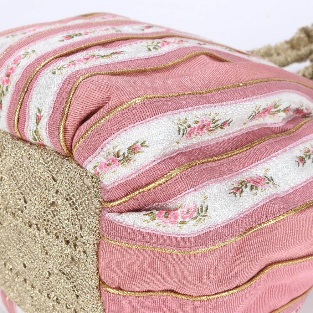 美品 ワコー フラワー 花柄 ストライプ レザー キャンバス トート バッグ 肩掛け ショルダー ハンド ピンク レディース RRE CC14-5