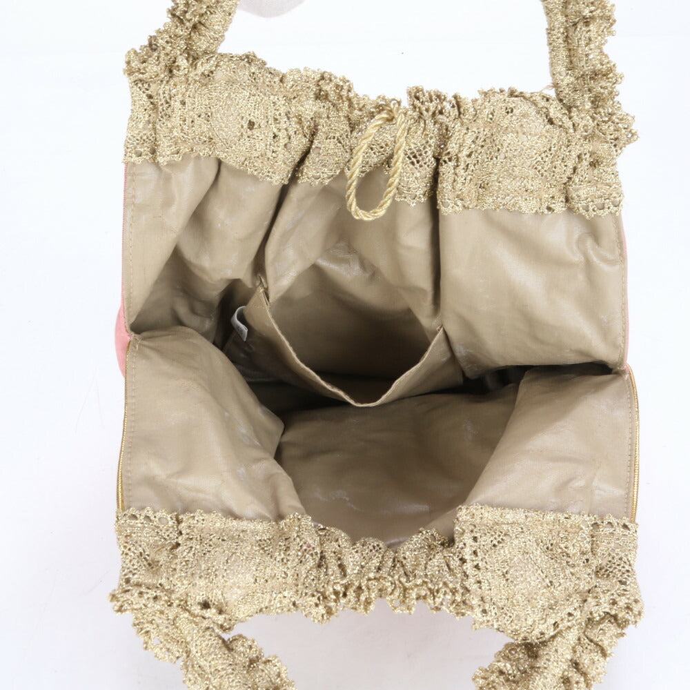 美品 ワコー フラワー 花柄 ストライプ レザー キャンバス トート バッグ 肩掛け ショルダー ハンド ピンク レディース RRE CC14-5