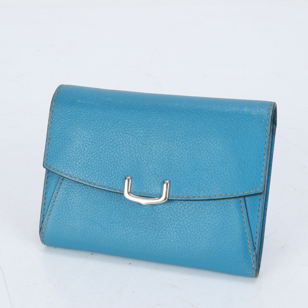 カルティエ C ドゥ カルティエ ブルー レザー 二つ折り 財布 コンパクト ウォレット ラウンドファスナー レディース MUM CE25-4