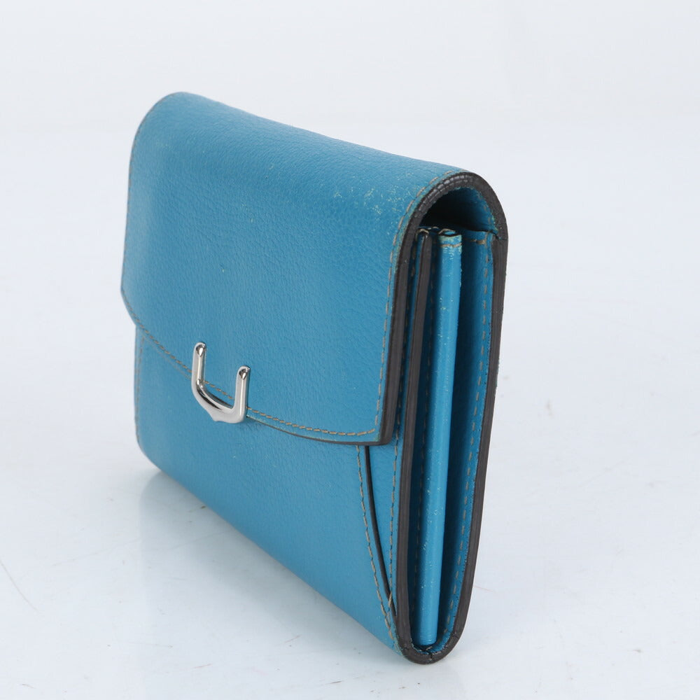 カルティエ C ドゥ カルティエ ブルー レザー 二つ折り 財布 コンパクト ウォレット ラウンドファスナー レディース MUM CE25-4