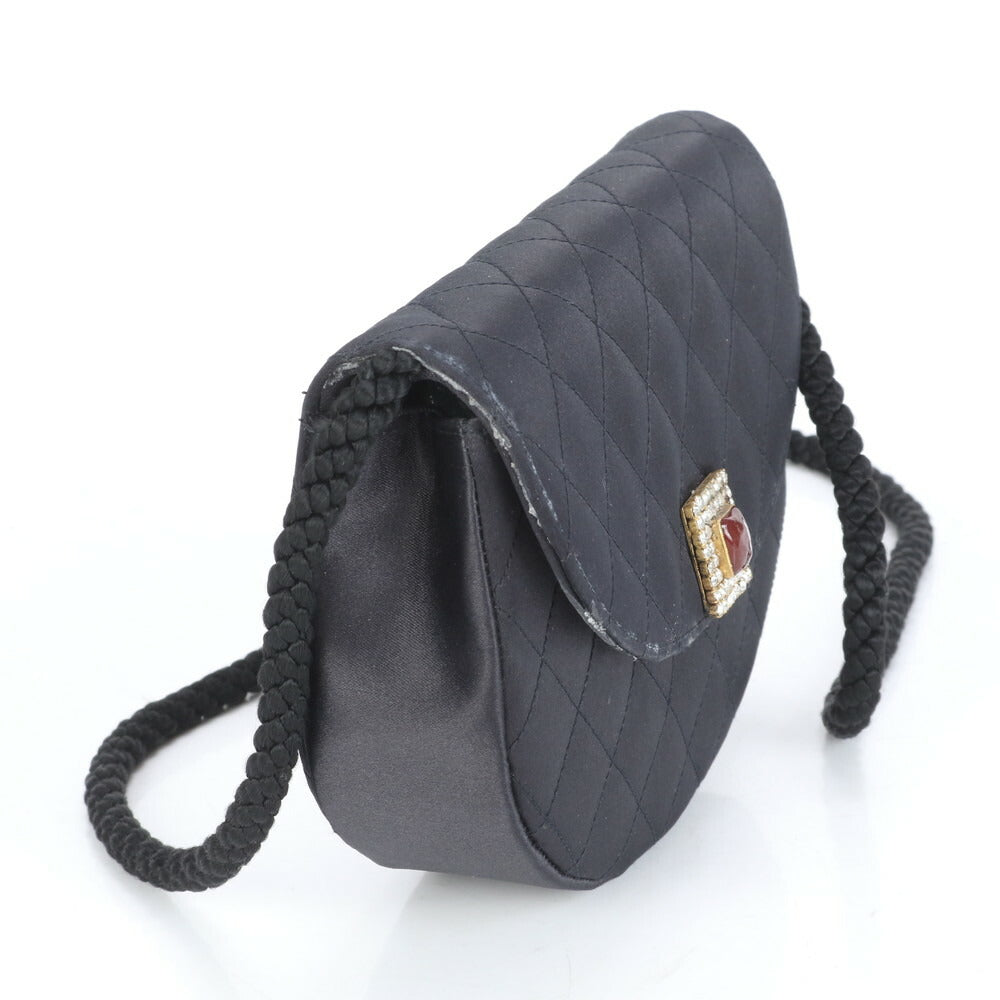 美品 シャネル シリアルシール付 マトラッセ サテン ハーフムーン ラインストーン ショルダーバッグ 斜め掛け 黒 レディース RUE CF24-5