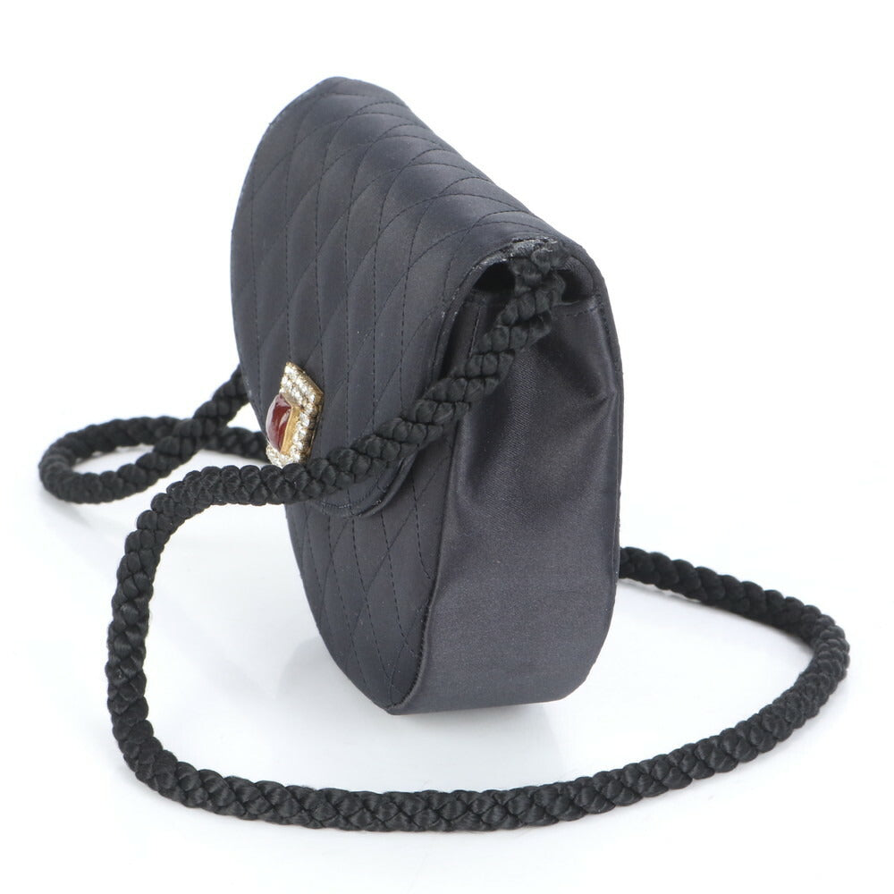 美品 シャネル シリアルシール付 マトラッセ サテン ハーフムーン ラインストーン ショルダーバッグ 斜め掛け 黒 レディース RUE CF24-5