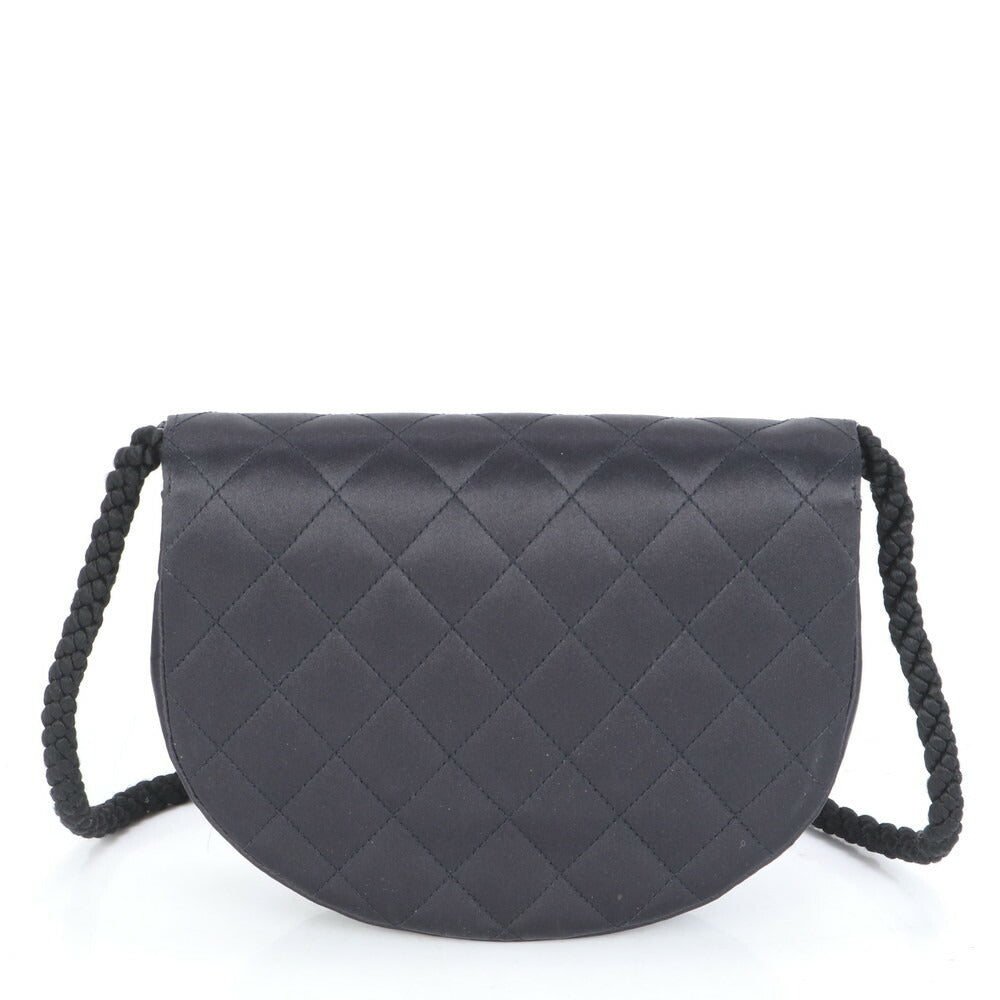 美品 シャネル シリアルシール付 マトラッセ サテン ハーフムーン ラインストーン ショルダーバッグ 斜め掛け 黒 レディース RUE CF24-5