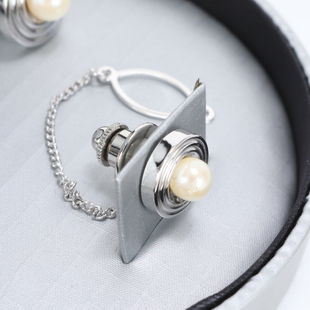 極美品 桂由美 YUMI KATSURA 本真珠 パール カフス タイタック セット ビジネス カフス シルバー 金具 メンズ ECE CG10-9