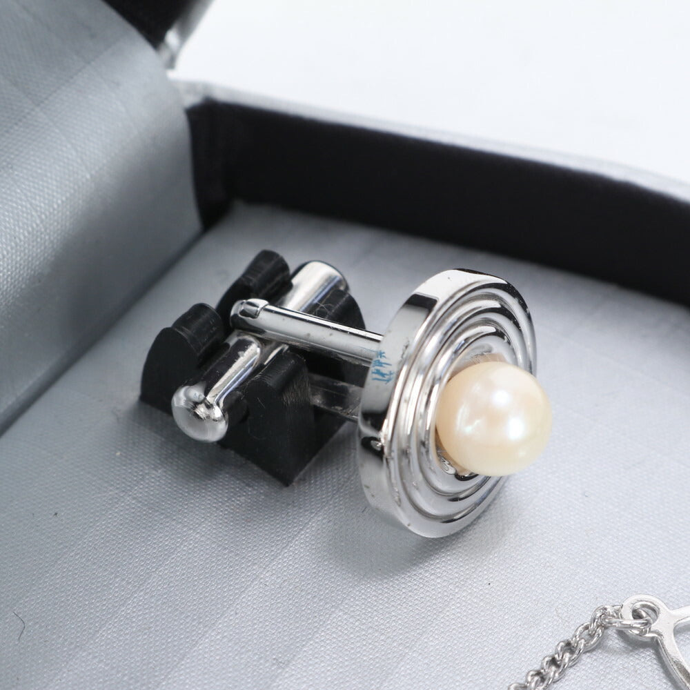 極美品 桂由美 YUMI KATSURA 本真珠 パール カフス タイタック セット ビジネス カフス シルバー 金具 メンズ ECE CG10-9
