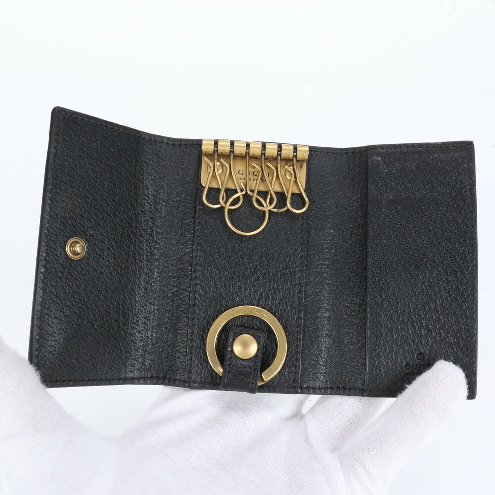 極美品 グッチ GG マーモント ダブル G レザー キーケース 6連 キーリング 435305 ブラック ゴールド メンズ レディース ECE CG20-1