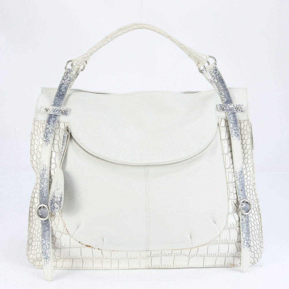 フルラ クロコダイル リザード エンボス レザー トート バッグ 肩掛け ショルダー ハンド A4 ホワイト レディース RRE CH16-10