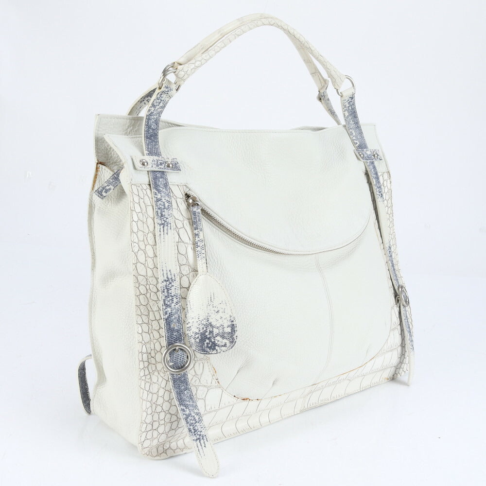 フルラ クロコダイル リザード エンボス レザー トート バッグ 肩掛け ショルダー ハンド A4 ホワイト レディース RRE CH16-10