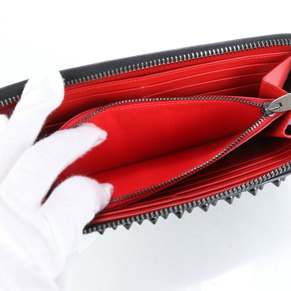 極美品 クリスチャンルブタン パネトーネ スパイク レザー 長財布 ロング ウォレット ラウンドファスナー 黒 レディース RRE CJ3-5