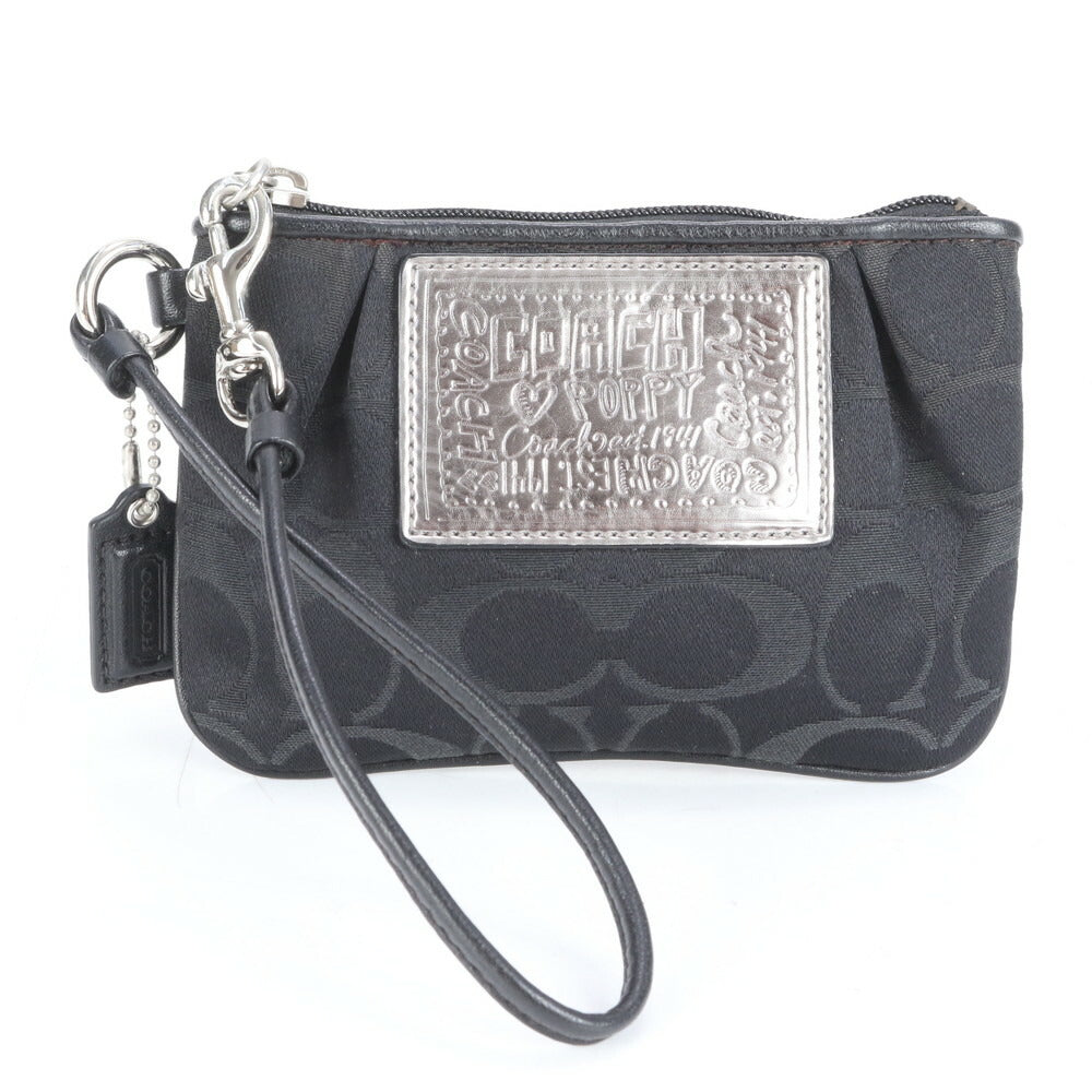 美品 コーチ シグネチャー キャンバス レザー ストラップ付 ポーチ アクセサリー メイク 小物入れ ブラック レディース RRE CJ6-8