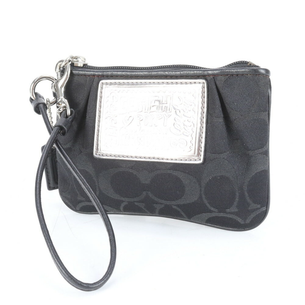 美品 コーチ シグネチャー キャンバス レザー ストラップ付 ポーチ アクセサリー メイク 小物入れ ブラック レディース RRE CJ6-8