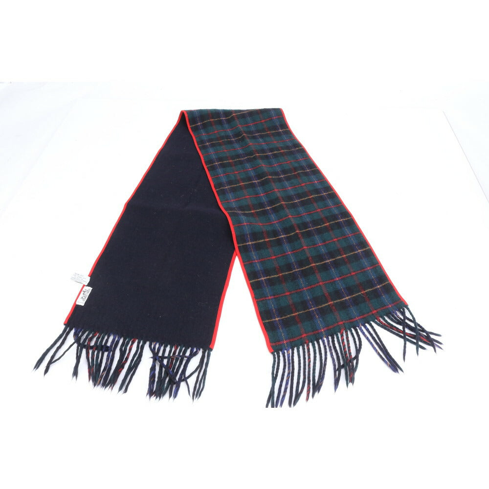 極美品 エルメス タグ付 カシミヤ チェック フリンジ マフラー ネイビー 紺 秋 冬 防寒 ストール メンズ レディース RUE CU20-8