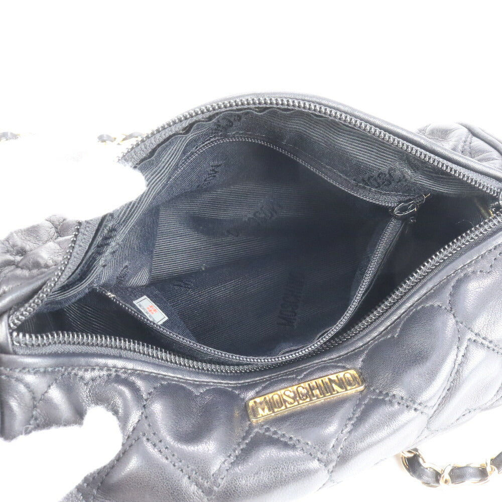 極美品 モスキーノ ハート キルティング レザー ゴールド チェーン ショルダーバッグ 斜め掛け ハンド 黒 レディース ECE CN99-5