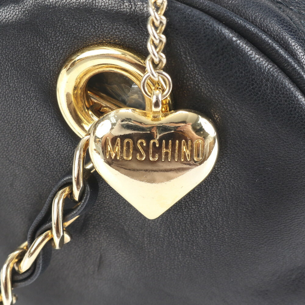 極美品 モスキーノ ハート キルティング レザー ゴールド チェーン ショルダーバッグ 斜め掛け ハンド 黒 レディース ECE CN99-5