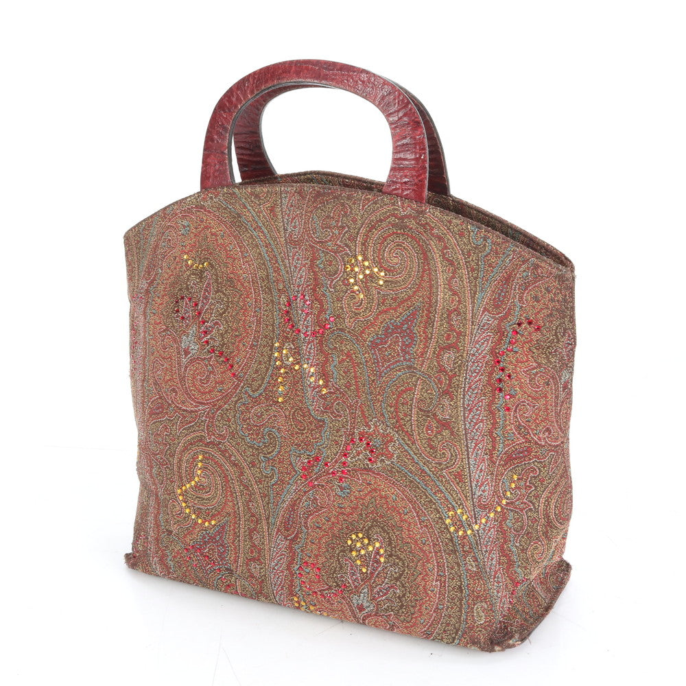 エトロ イタリア製 ペイズリー ラインストーン ビジュー 装飾 レザー ハンドバッグ トート トップハンドル レディース ECE CN10-1