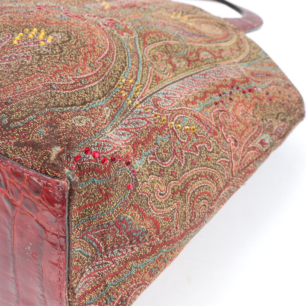 エトロ イタリア製 ペイズリー ラインストーン ビジュー 装飾 レザー ハンドバッグ トート トップハンドル レディース ECE CN10-1