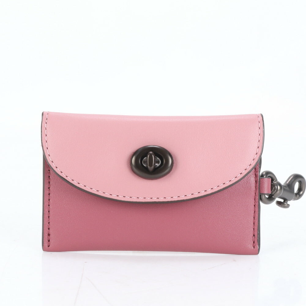 美品 コーチ ターンロック レザー カードケース パスケース 二つ折り 財布 コンパクト ウォレット ピンク レディース RUE CO9-9