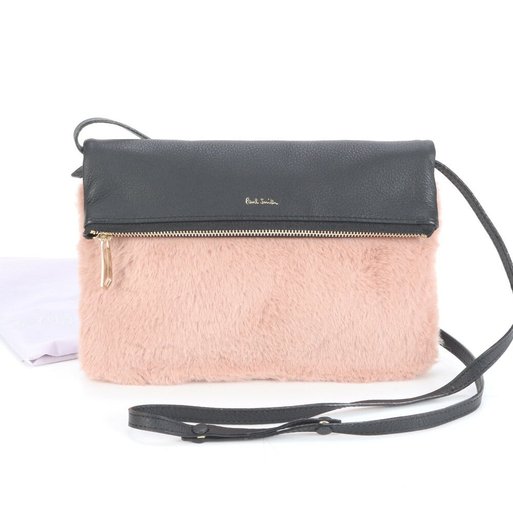 極美品 ポールスミス フォルドオーバー ファー レザー ショルダー ロング ウォレット 長財布 斜め掛け レディース EEE CS23-7