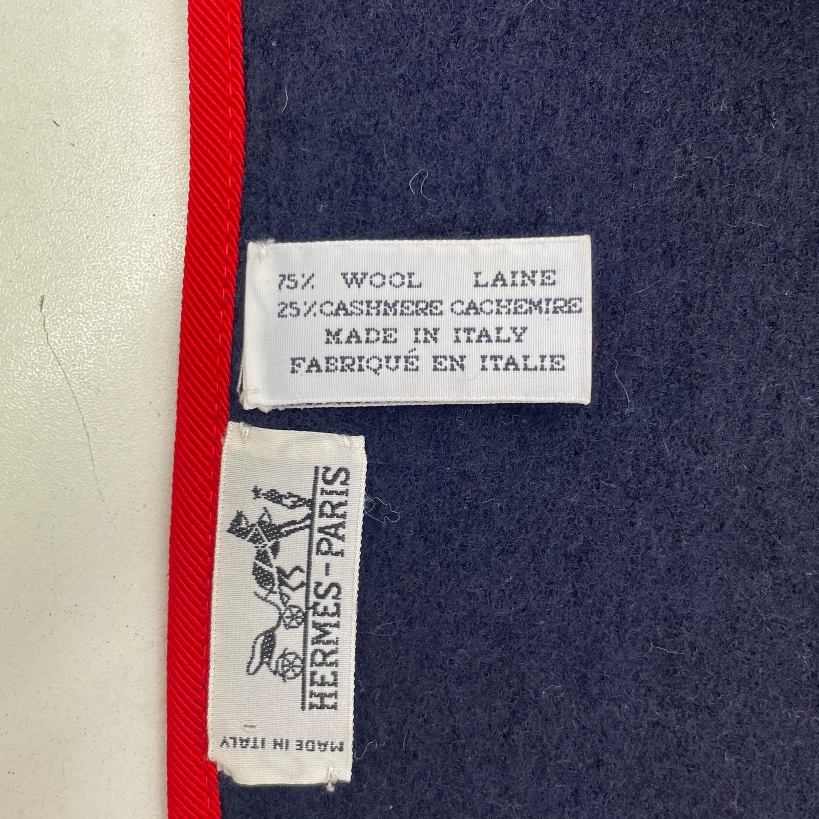 極美品 エルメス タグ付 カシミヤ チェック フリンジ マフラー ネイビー 紺 秋 冬 防寒 ストール メンズ レディース RUE CU20-8