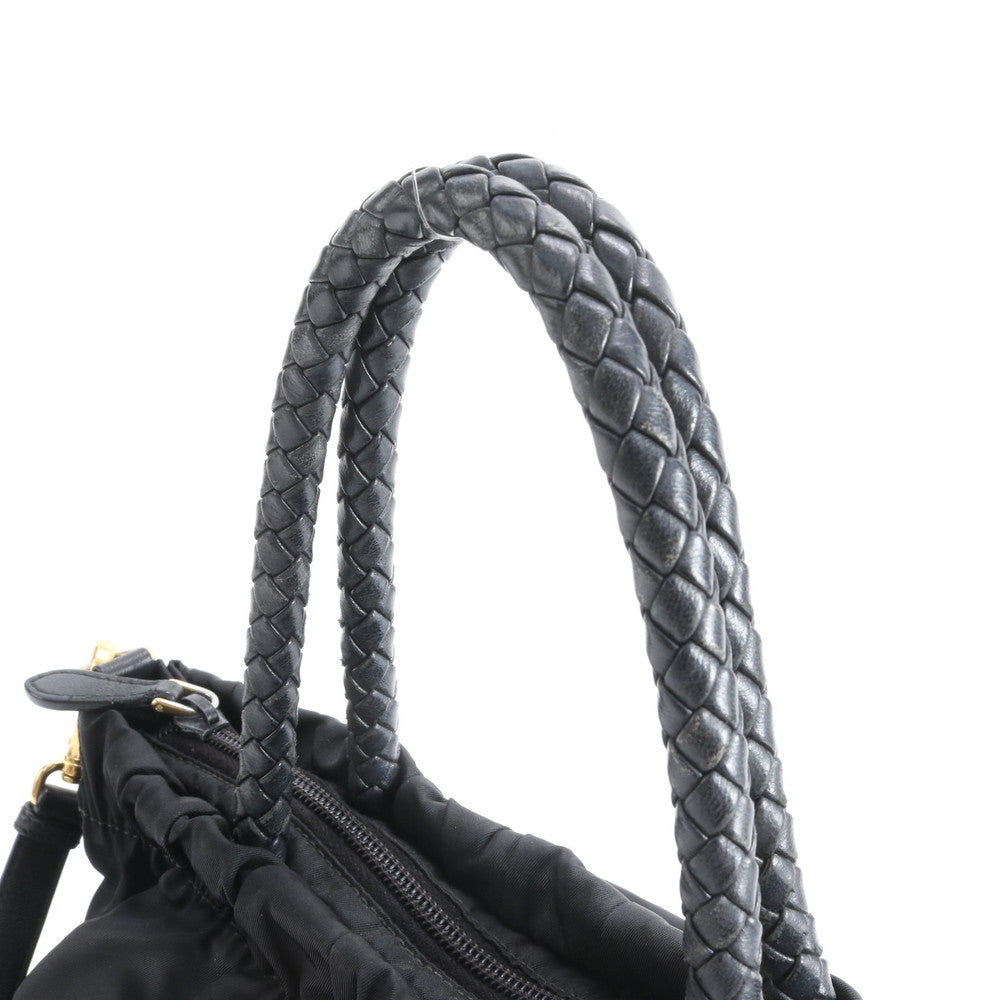 極美品 プラダ テスート ボウ ナイロン レザー 2WAY ショルダーバッグ 斜め掛け トート 本革 ブラック レディース EWM DT18-1