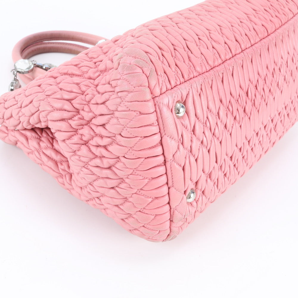 美品 ミュウミュウ マテラッセ ナッパ クリスタル レザー 2WAY ハンドバッグ トート ピンク シルバー 金具 レディース RBE DV42-8