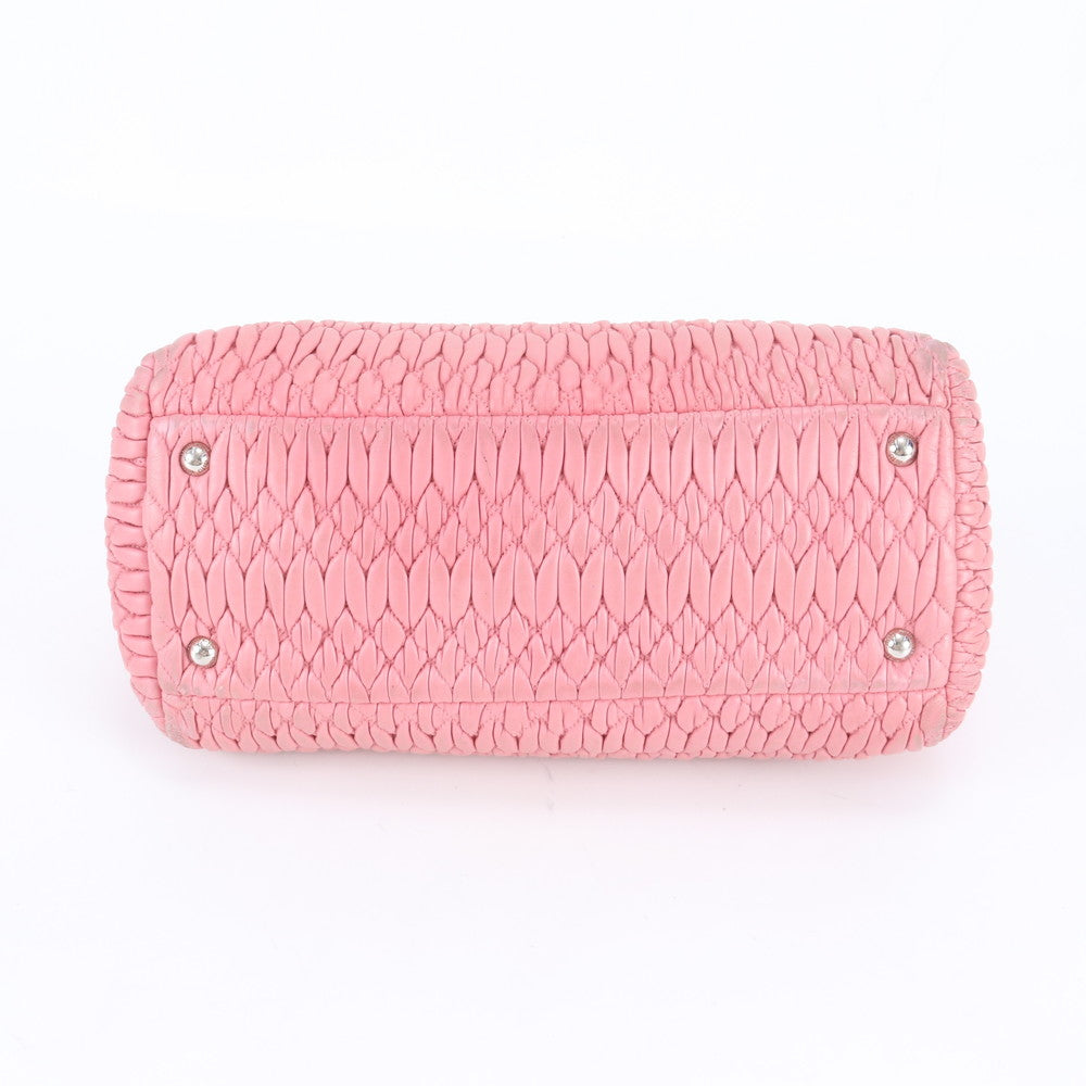 美品 ミュウミュウ マテラッセ ナッパ クリスタル レザー 2WAY ハンドバッグ トート ピンク シルバー 金具 レディース RBE DV42-8