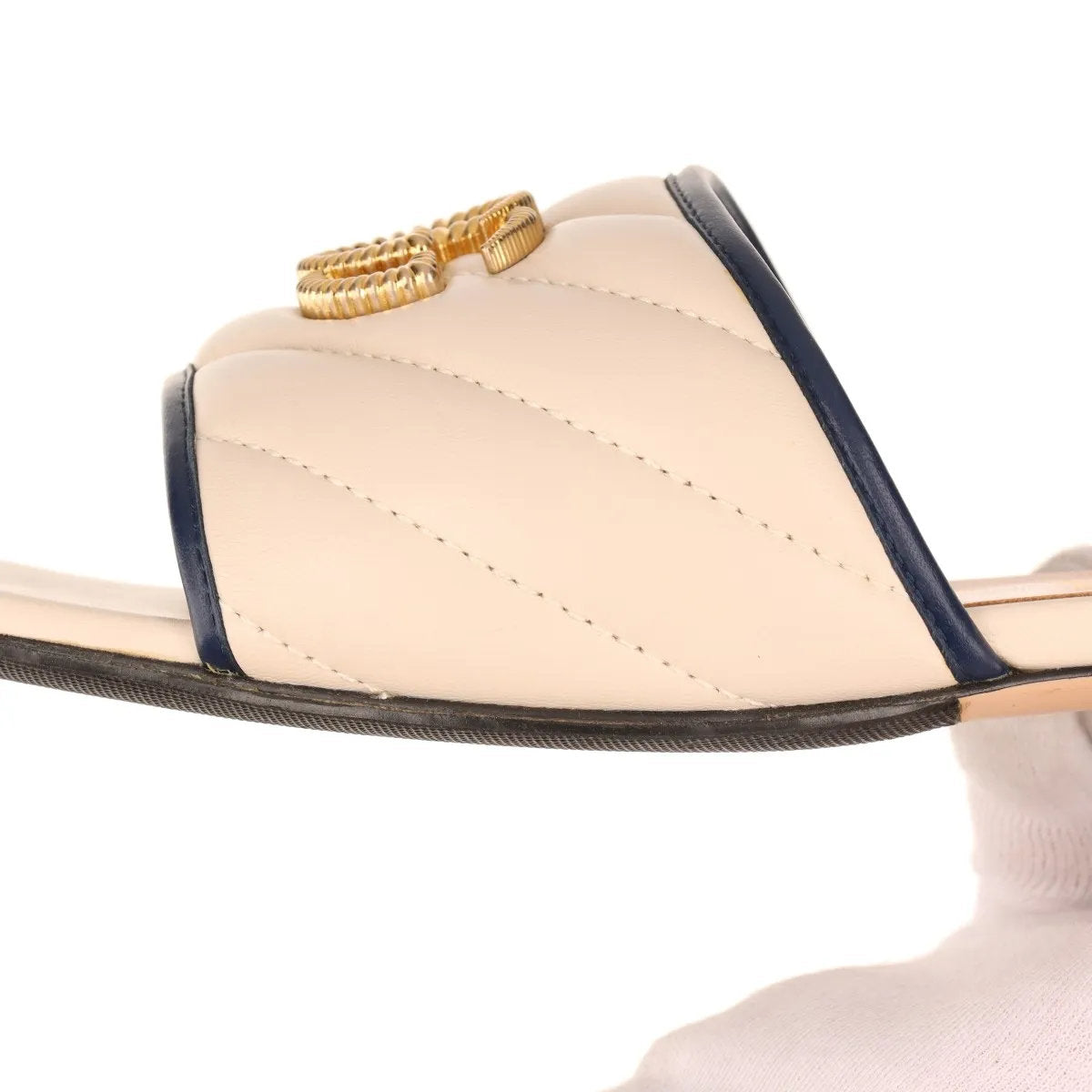 美品 グッチ GGマーモント キルティング 629730 レザー サンダル ベージュ ヒール 靴 シューズ ミュール レディース MMM CO50-10