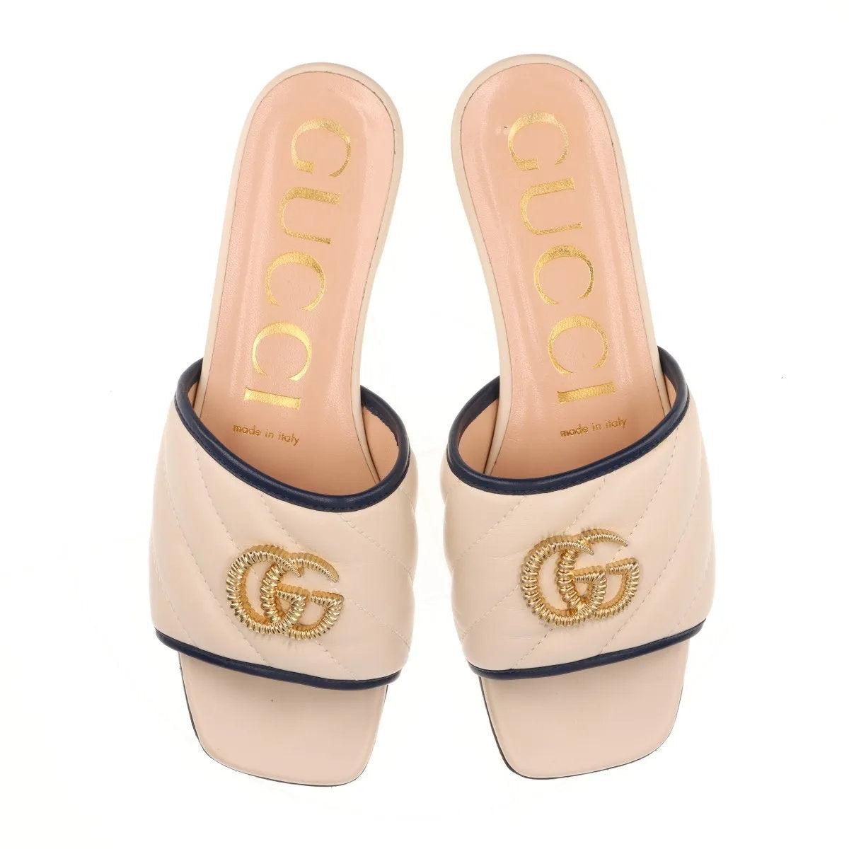美品 グッチ GGマーモント キルティング 629730 レザー サンダル ベージュ ヒール 靴 シューズ ミュール レディース MMM CO50-10
