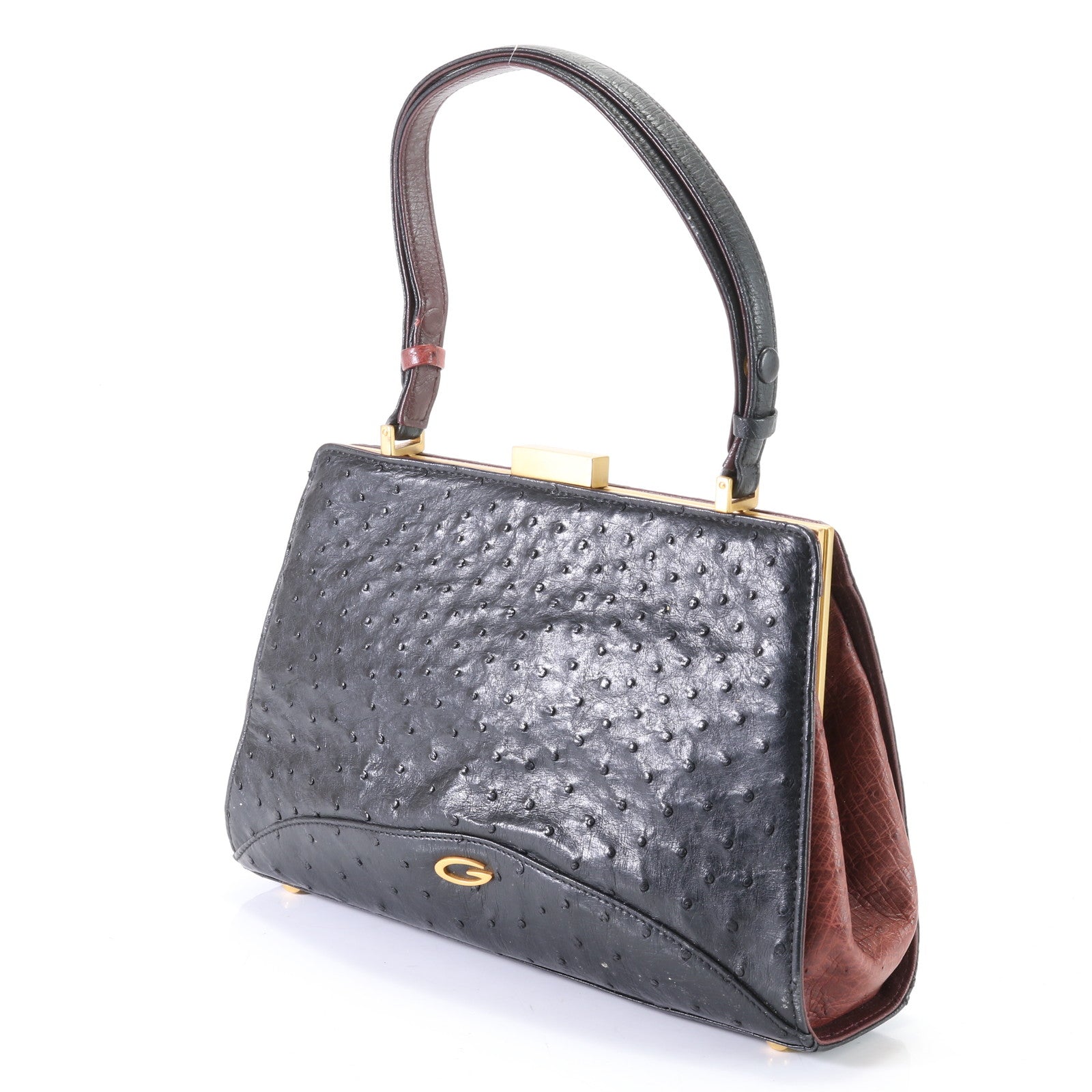 美品 GRES グレ オーストリッチ レザー 2WAY ハンドバッグ ショルダー 肩掛け トップハンドル ブラック レディース EEM G9-10