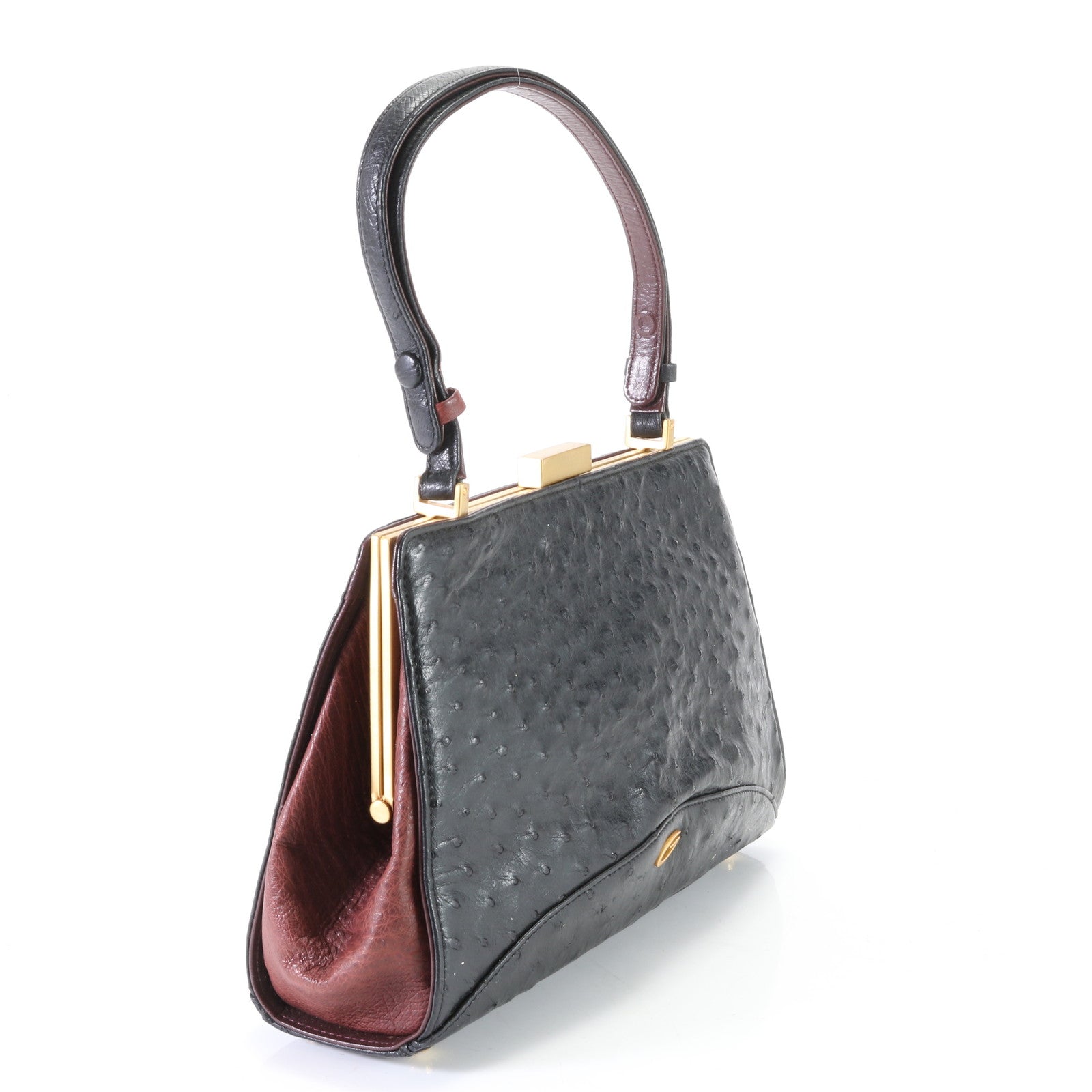 美品 GRES グレ オーストリッチ レザー 2WAY ハンドバッグ ショルダー 肩掛け トップハンドル ブラック レディース EEM G9-10