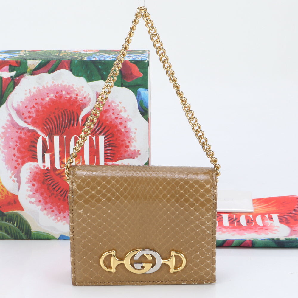 極美品 グッチ ズゥミ チェーン ハンドル パイソン レザー 二つ折り 財布 コンパクト ウォレット 長財布 570660 レディース EKE BL12-6