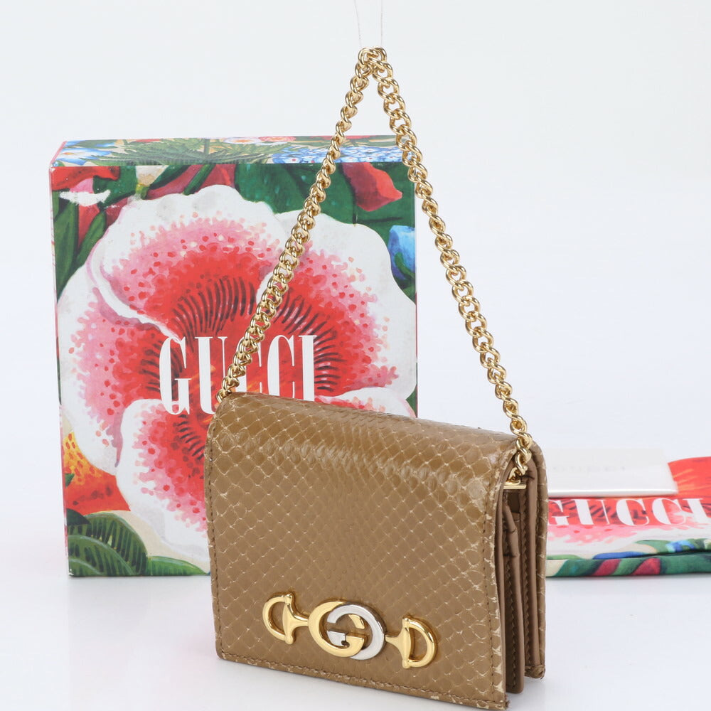 極美品 グッチ ズゥミ チェーン ハンドル パイソン レザー 二つ折り 財布 コンパクト ウォレット 長財布 570660 レディース EKE BL12-6