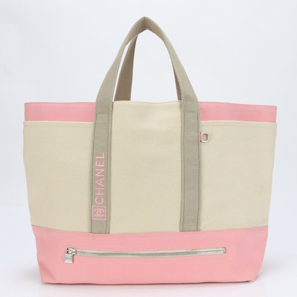 シャネル シリアルシール付 スポーツ レザー キャンバス トート バッグ 肩掛け ショルダー ハンド ベージュ A4 レディース EEE BV5-6
