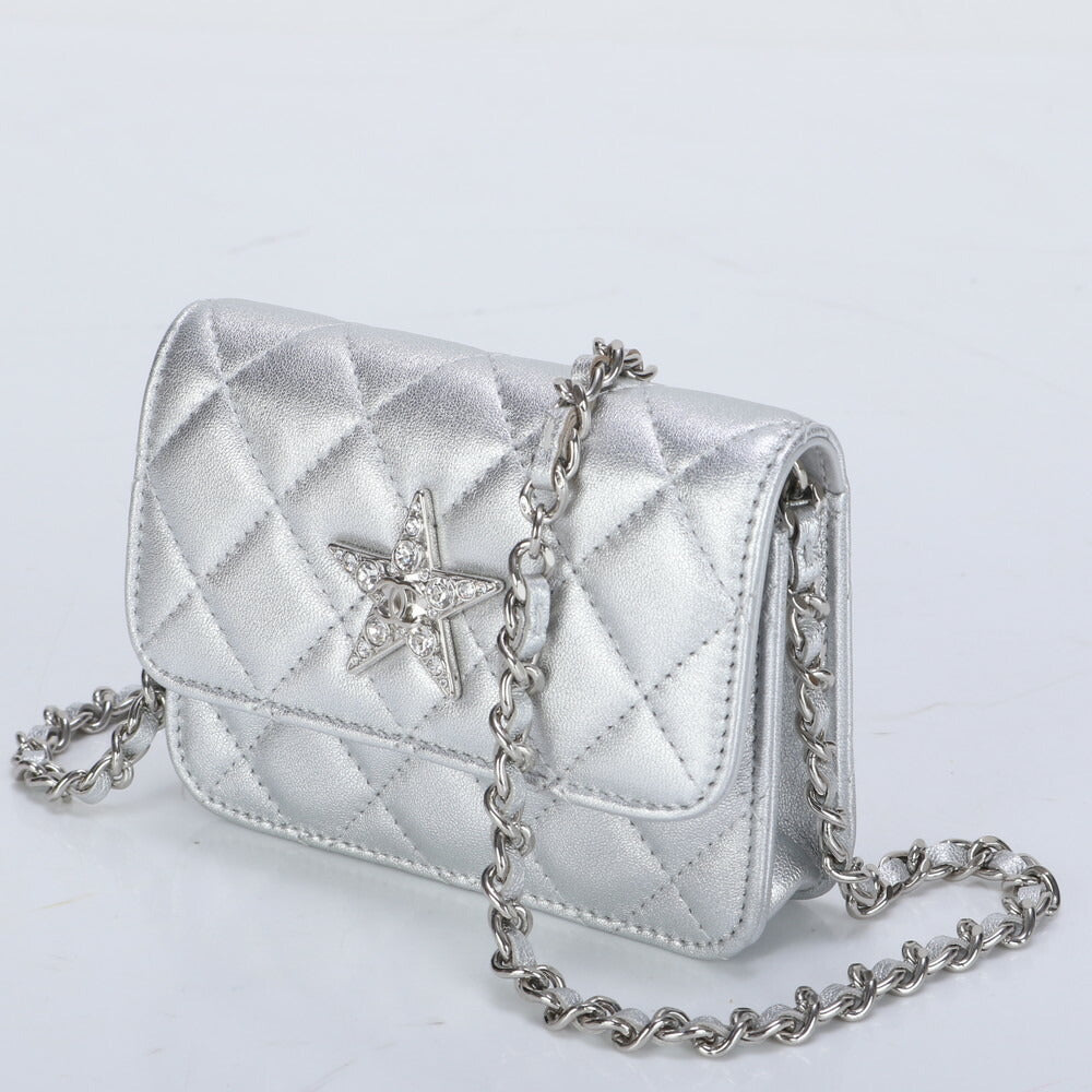 新品同様 シャネル シリアルシール付 マトラッセ スター チェーン ラム レザー ショルダーバッグ 斜め掛け レディース EUE BX1-1