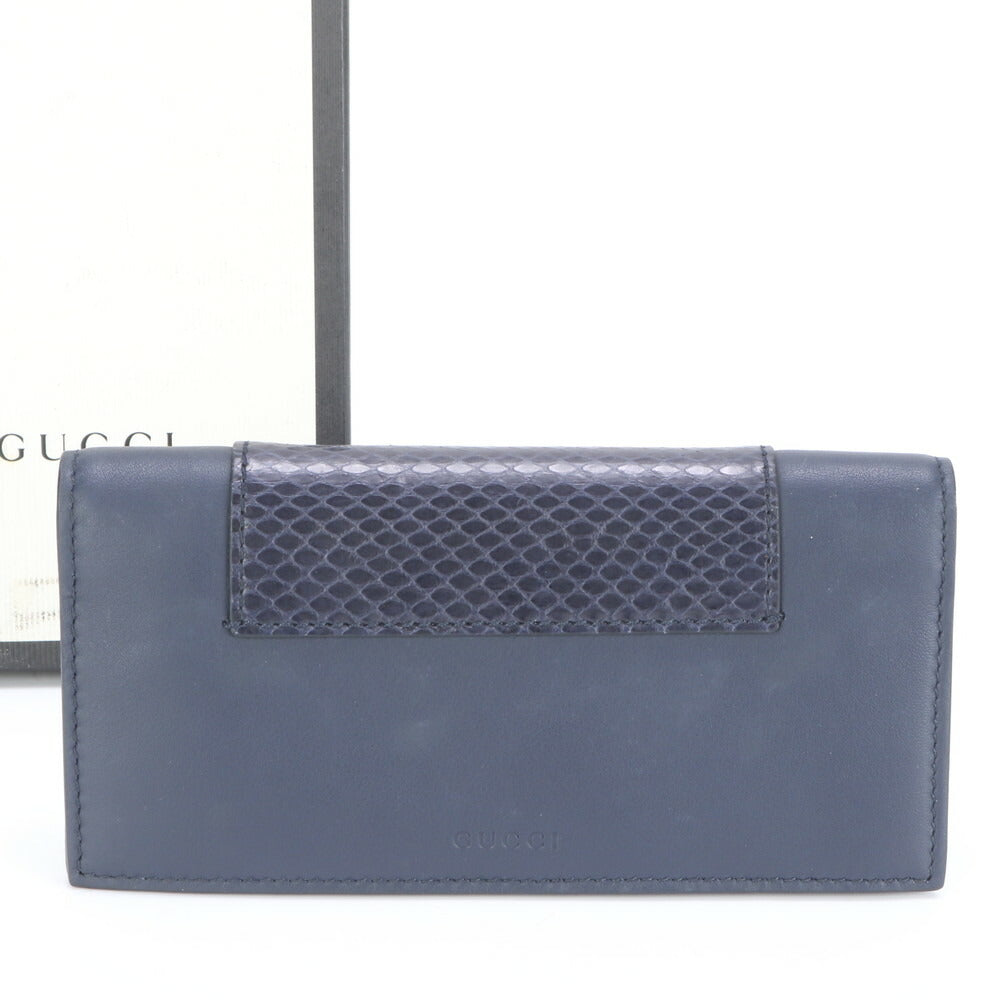 極美品 グッチ パイソン レザー 長財布 二つ折り ロング ウォレット ラウンドファスナー ネイビー 386836 メンズ EEE BX12-5