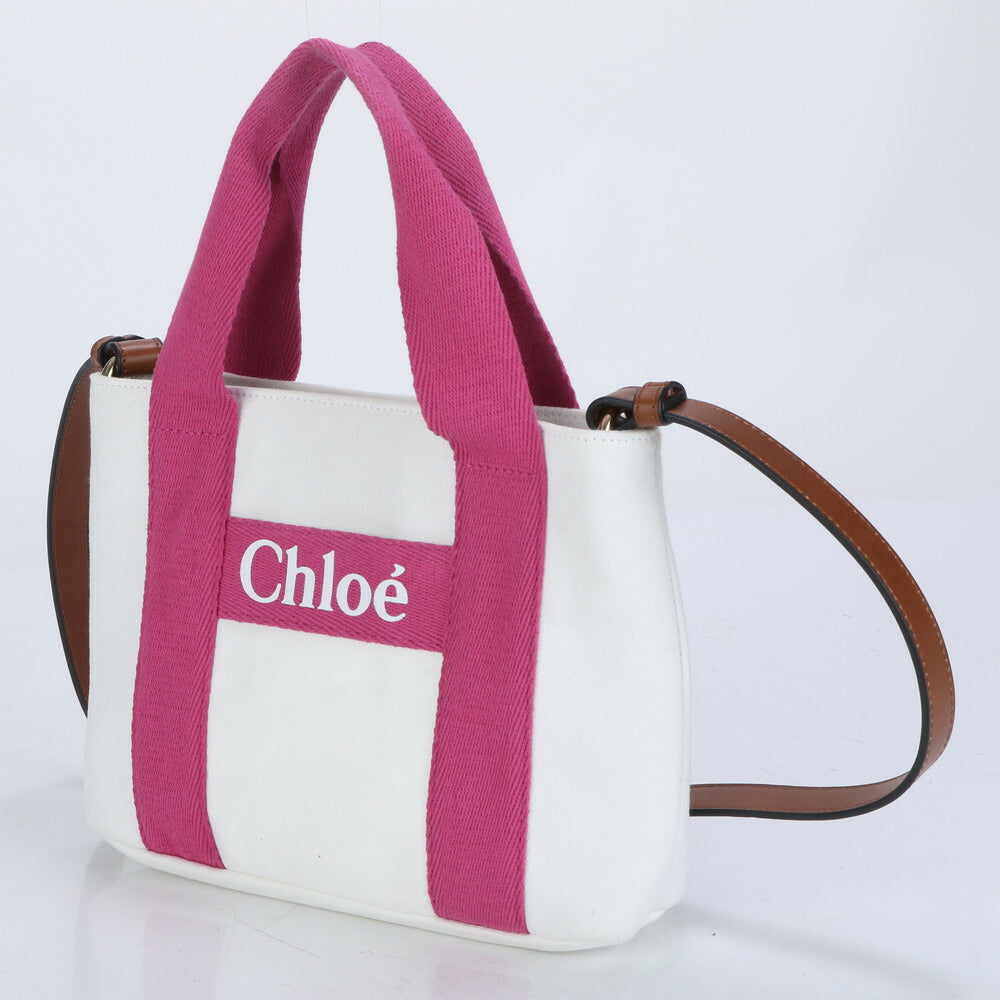 新品同様 クロエ レザー キャンバス 2WAY ショルダーバッグ 斜め掛け ハンド トート ホワイト ピンク レディース RRM CB24-7
