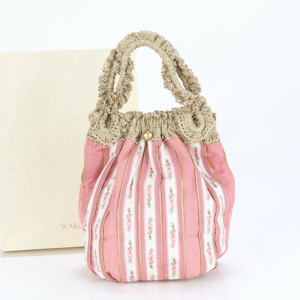 美品 ワコー フラワー 花柄 ストライプ レザー キャンバス トート バッグ 肩掛け ショルダー ハンド ピンク レディース RRE CC14-5